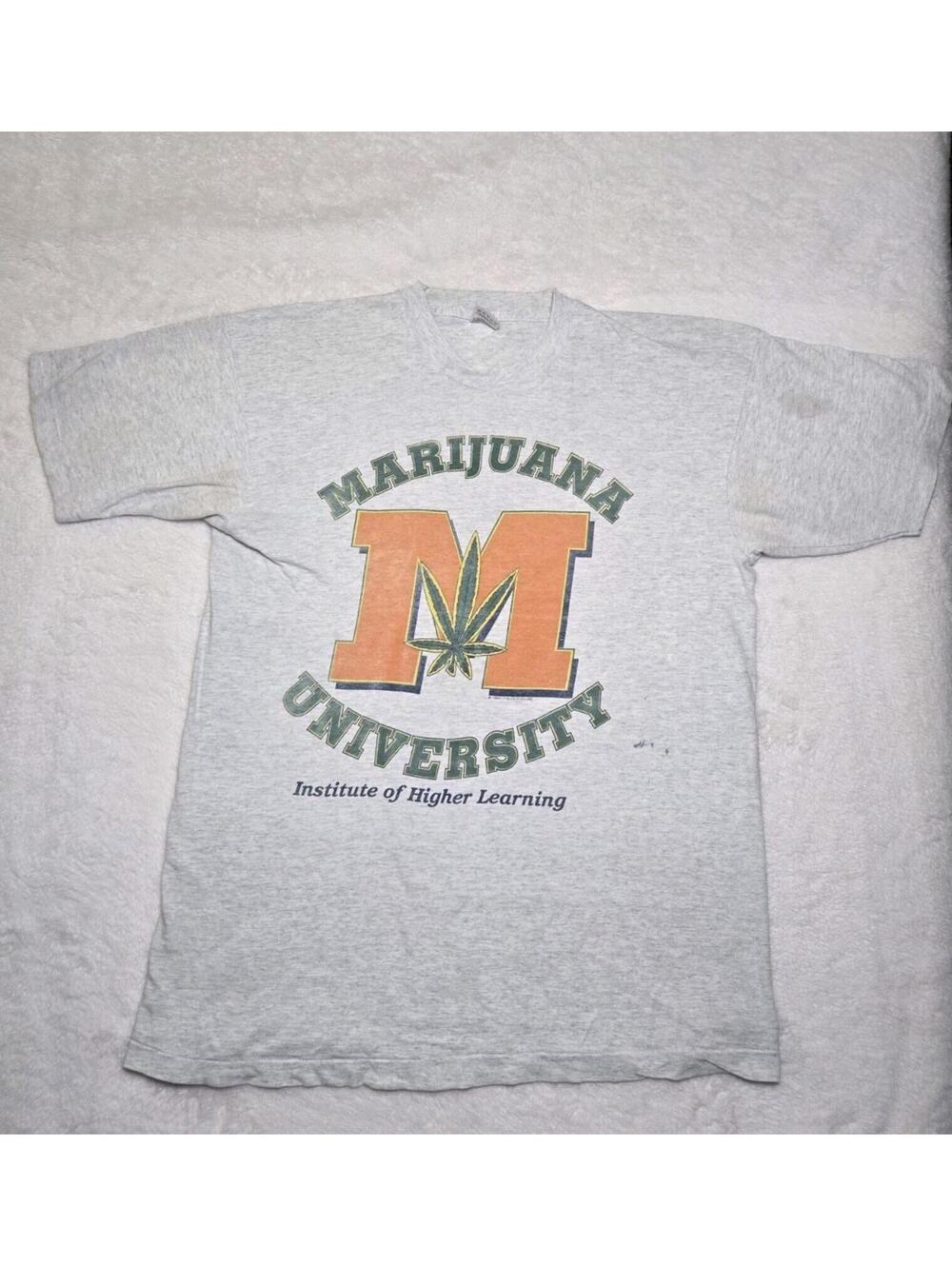 Vtg 1993 Marijuana University Gray Single Stitch Graphic T-Shirt - Mens L
